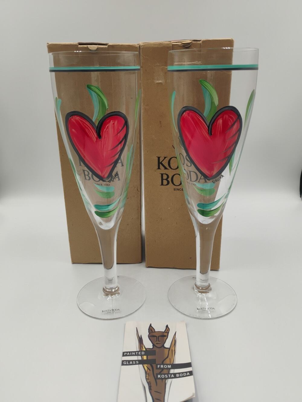 Kosta Boda Hearts Champagne Flutes Pair Ulrich Hydman Vallien Vintage NIB Set2